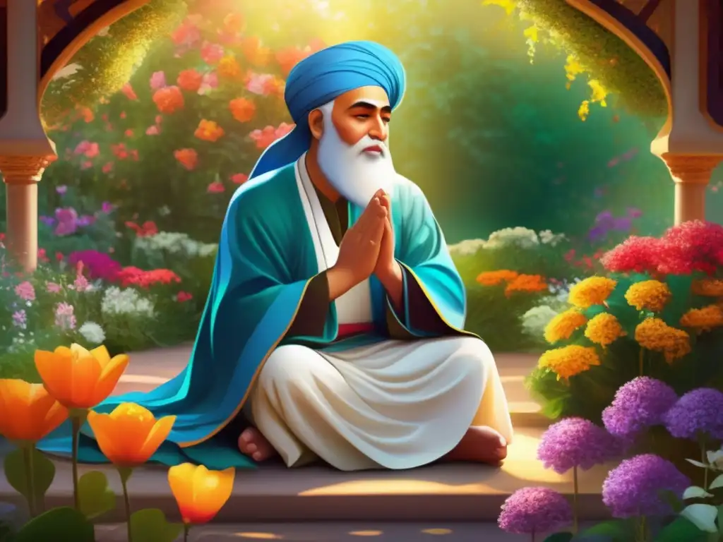 En la imagen, Rumi, poeta sufí, se sienta en meditación en un exuberante jardín, rodeado de flores y luz cálida