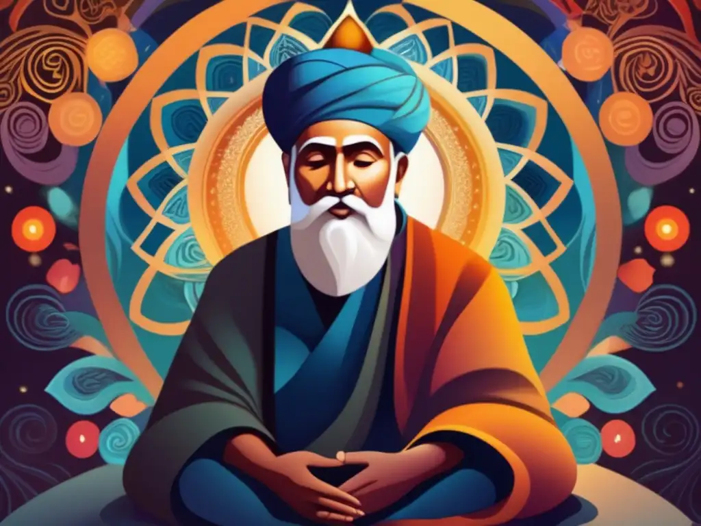 La imagen muestra al poeta Rumi en contemplación, rodeado de patrones vibrantes y una luz etérea