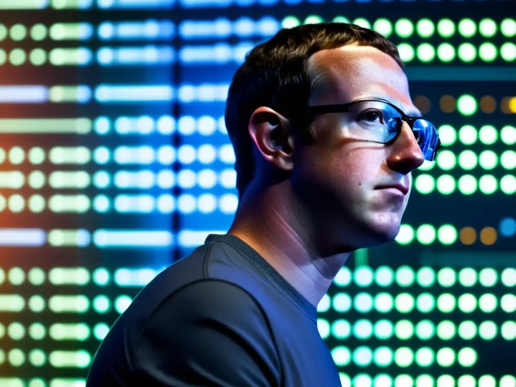 La imagen muestra a Mark Zuckerberg en una pose pensativa, con reflejos de código y símbolos de redes sociales en sus gafas