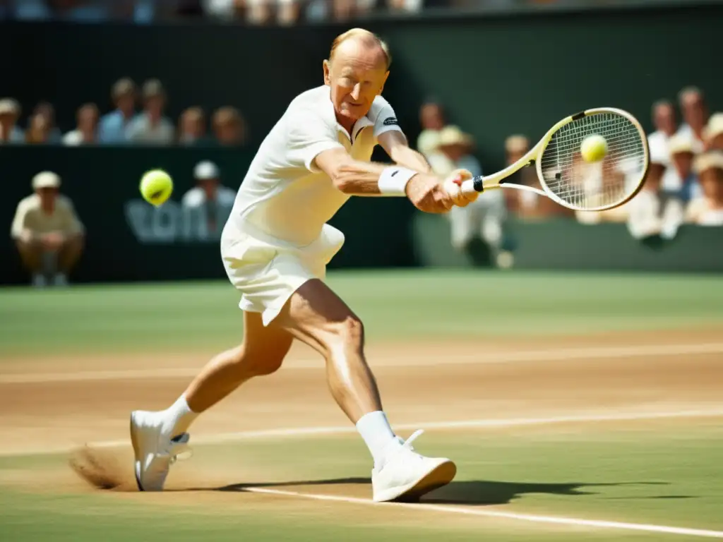 Imagen de Rod Laver ejecutando un potente revés en una cancha de tenis, reflejando su impacto en la historia y legado del tenis-