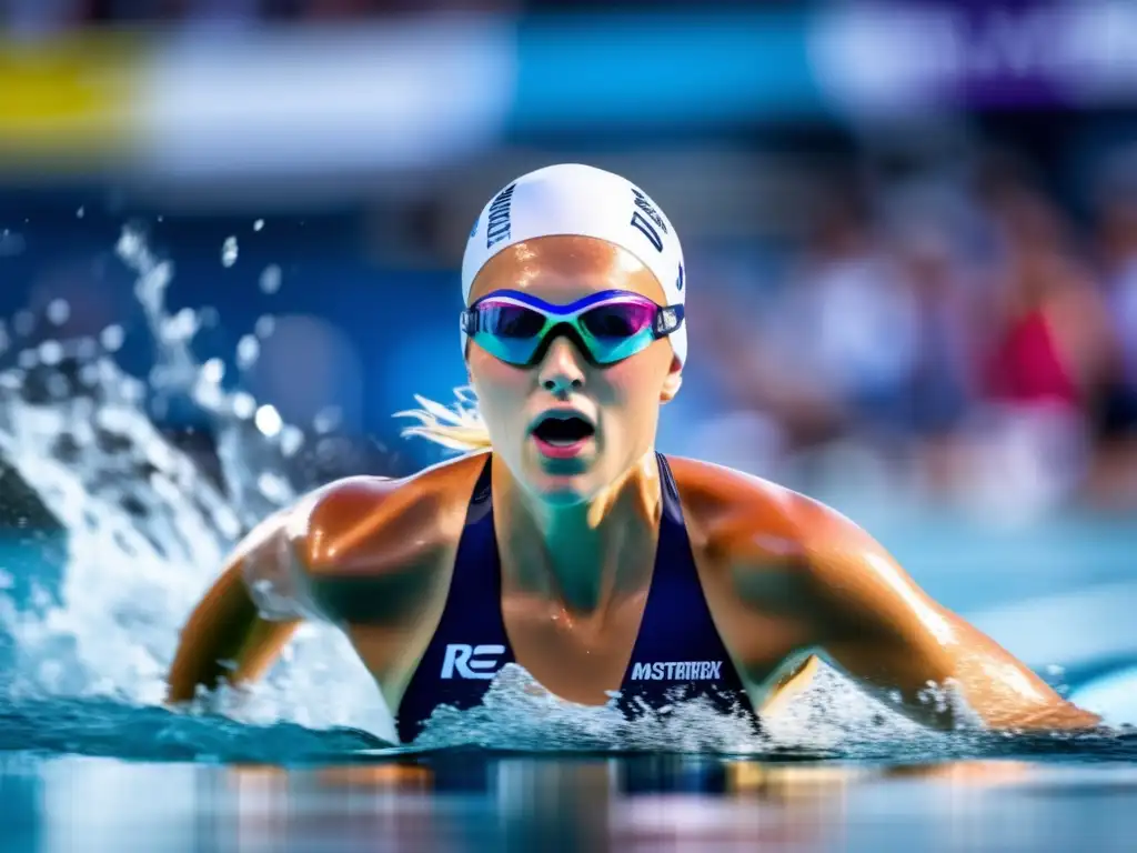 En la imagen, Rie Mastenbroek compite en natación con determinación, sus potentes brazadas cortan el agua cristalina