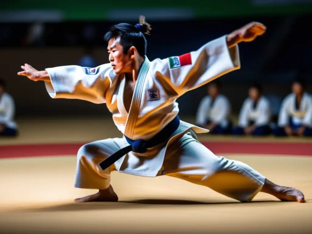 En la imagen se muestra a Yasuhiro Yamashita ejecutando con precisión un lanzamiento de judo en un brillante escenario