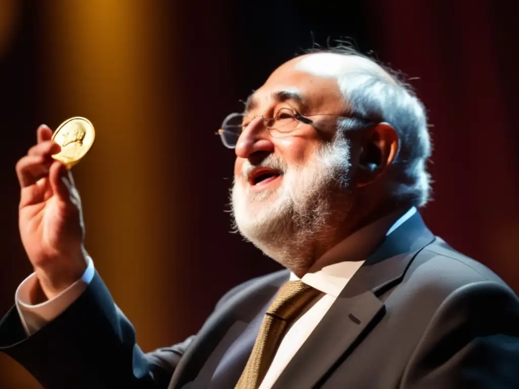 En la imagen, Joseph Stiglitz acepta el Premio Nobel con humildad y orgullo, mientras el público aplaude