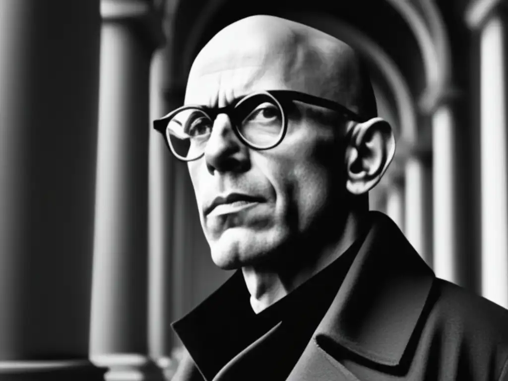 La imagen muestra a Michel Foucault en primer plano, en blanco y negro, con expresión contemplativa