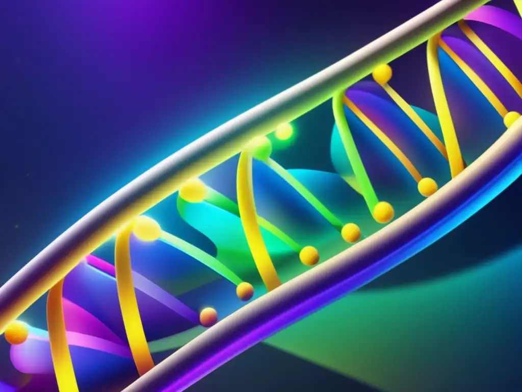 La imagen muestra un primer plano de una doble hélice de ADN, con brillantes y vibrantes hebras de nucleótidos retorciéndose e entrelazándose