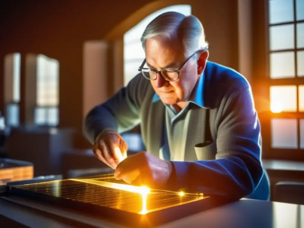 En la imagen se ve a Charles Fritts trabajando en la primera célula fotovoltaica, con la luz solar iluminando el momento histórico