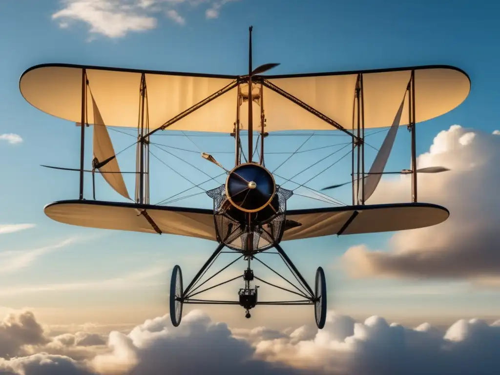 La imagen muestra la primera máquina voladora de Santos Dumont, con detalles intrincados y una atmósfera de innovación y determinación