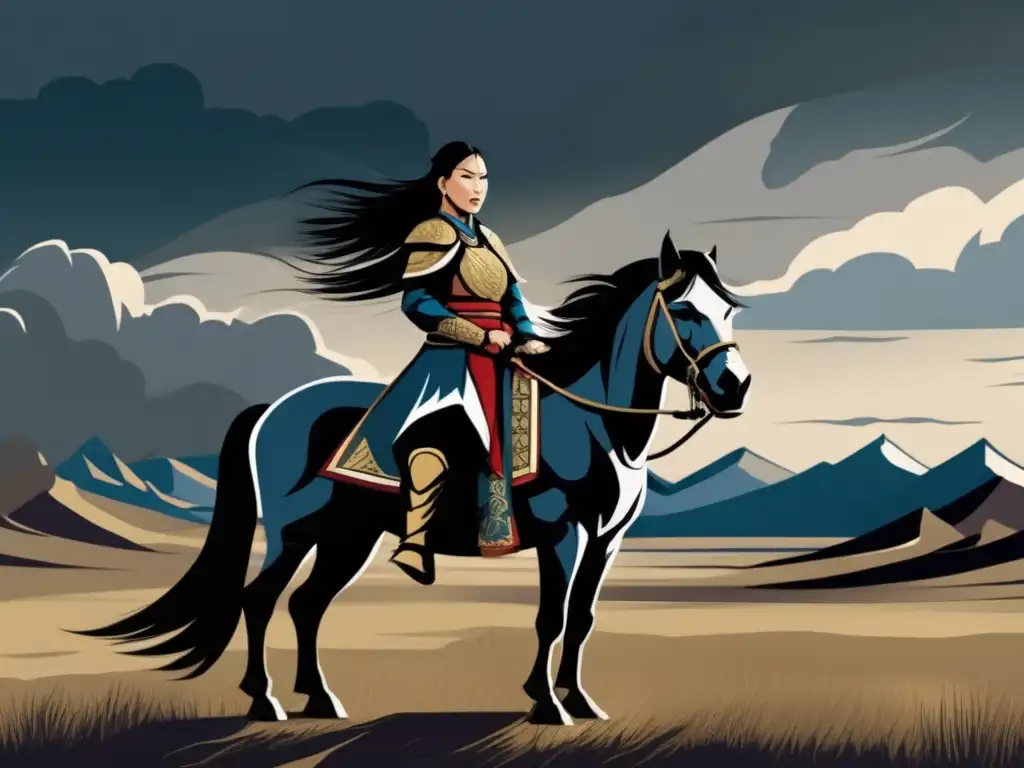 La imagen muestra a la Princesa Khutulun, guerrera mongol, con armadura tradicional, en las estepas de Mongolia, exudando fuerza y determinación