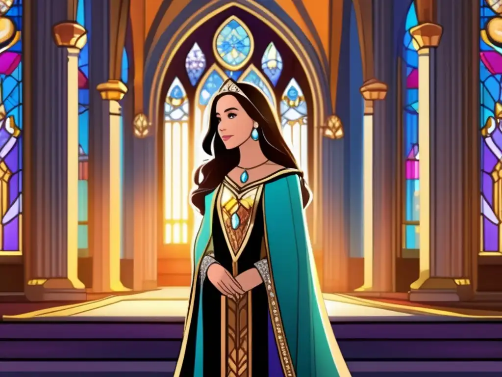 En la imagen, la Princesa Isabel irradia influencia en una catedral, con luz de vitrales iluminando su presencia regia