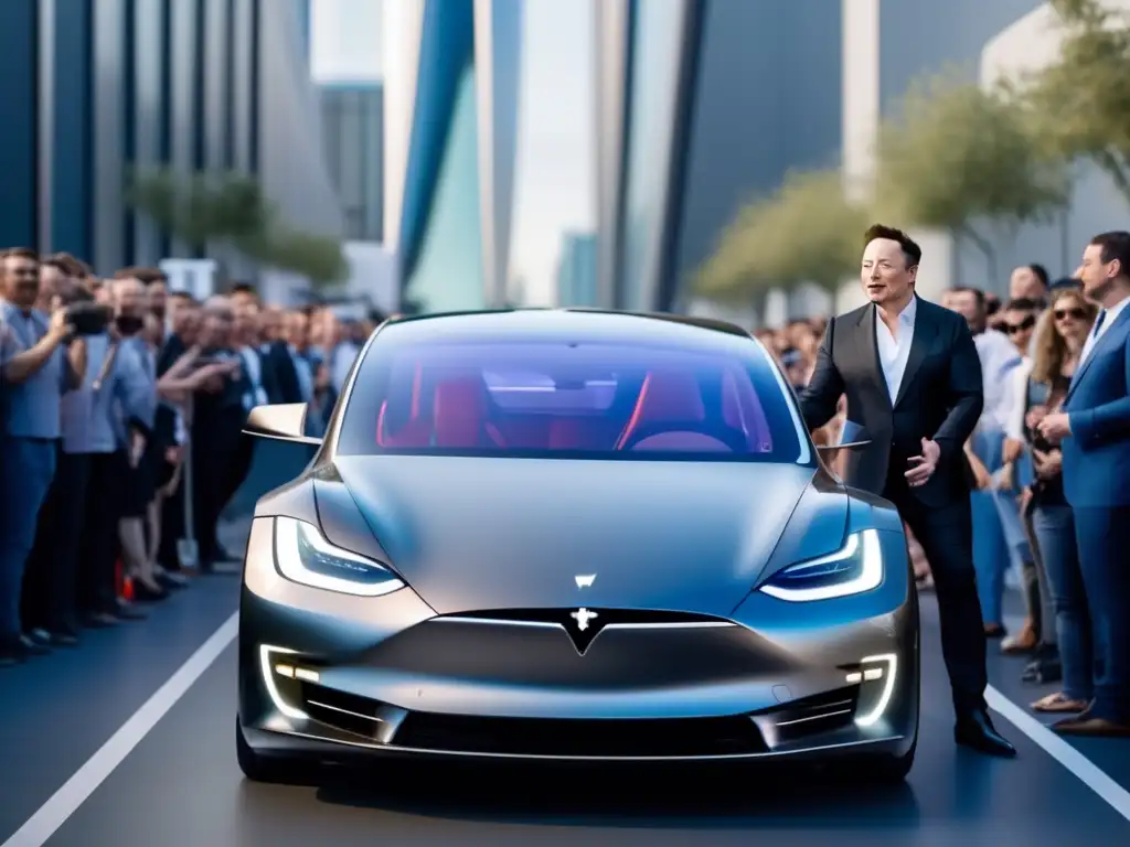 La imagen muestra a Elon Musk presentando un prototipo futurista de un coche eléctrico, rodeado de seguidores y ingenieros