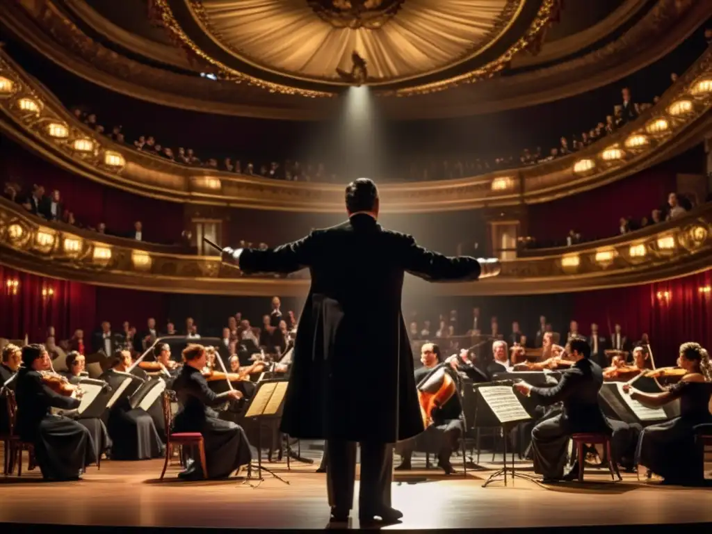 Una imagen de alta resolución de Giacomo Puccini dirigiendo una actuación de ópera, con intensa pasión en su rostro