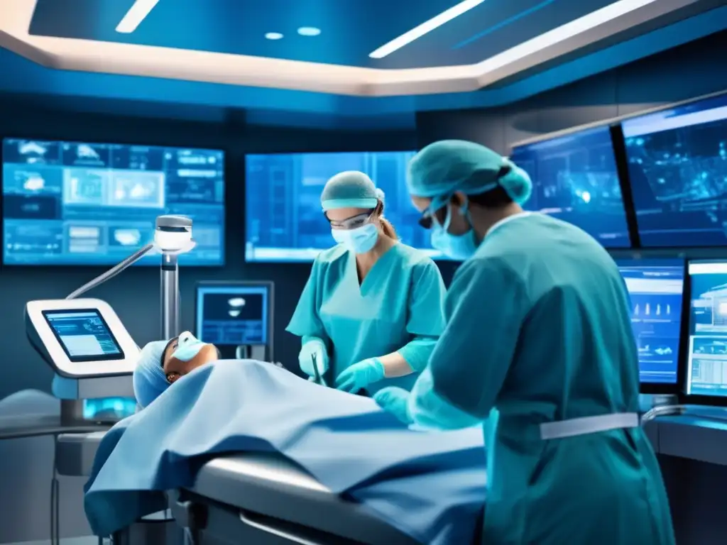 En la imagen se muestra un quirófano moderno con avanzada tecnología médica, cirujanos concentrados y una ciudad futurista de fondo
