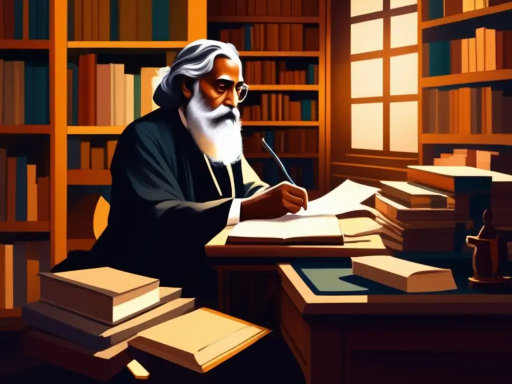 En la imagen, Rabindranath Tagore se encuentra en su escritorio, rodeado de libros y herramientas artísticas, sumergido en una atmósfera contemplativa