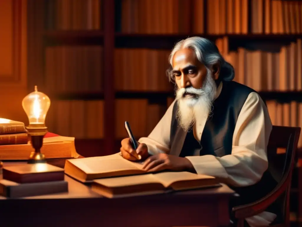 En la imagen, Rabindranath Tagore está sentado en su estudio, rodeado de libros y manuscritos, con una expresión contemplativa en su rostro