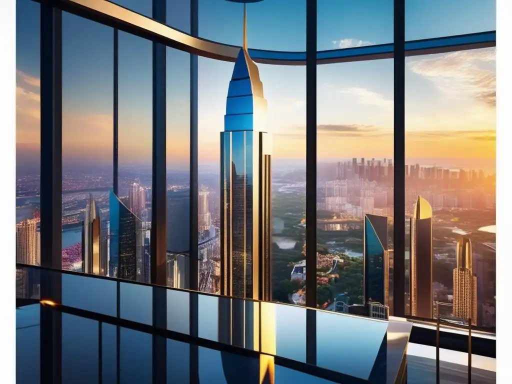 La imagen muestra un rascacielos moderno y lujoso, con paredes de vidrio reflejando la ciudad