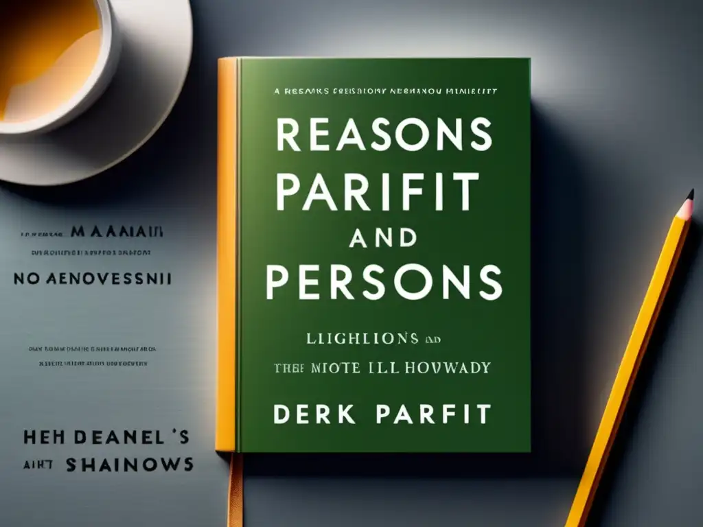 Una imagen de alta resolución de 'Razones y personas' de Derek Parfit en un escritorio minimalista, rodeado de textos filosóficos, un lápiz y un bloc de notas con notas escritas a mano