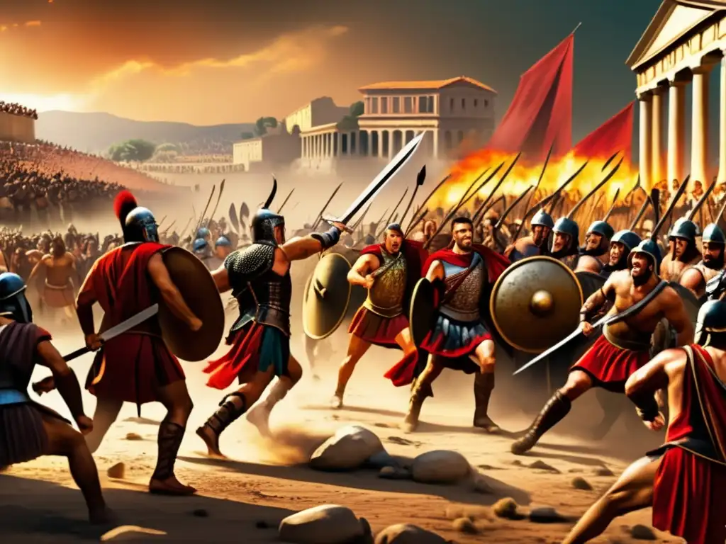 La imagen muestra la rebelión de Espartaco, líder rebelde romano, en una intensa batalla por la libertad