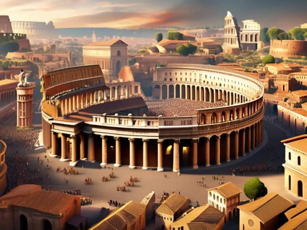 La imagen muestra una reconstrucción digital detallada de la antigua ciudad de Roma durante la caída del Imperio Romano Occidental