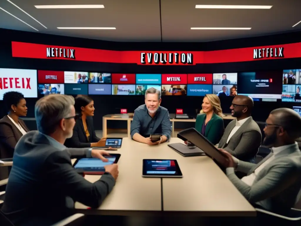 En la imagen, Reed Hastings lidera una discusión estratégica en una oficina moderna de Netflix, rodeado de tecnología innovadora y un equipo diverso