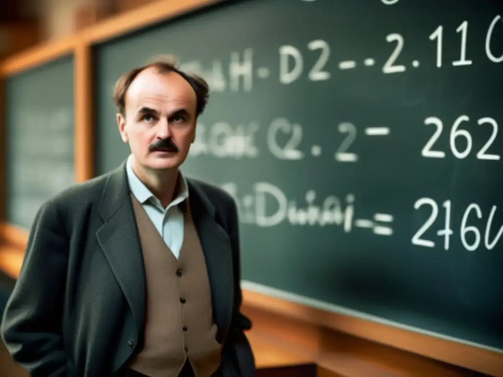 La imagen muestra a Paul Dirac, el renombrado físico, concentrado frente a una pizarra llena de ecuaciones matemáticas