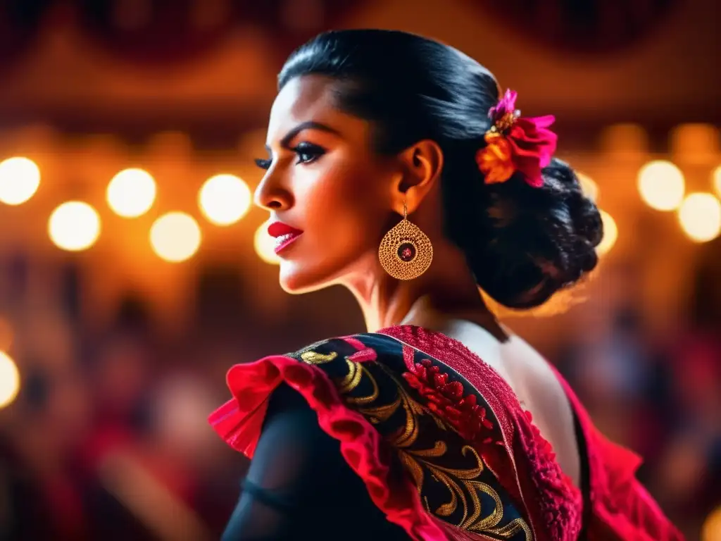 Una imagen de alta resolución de un cantante flamenco con mirada intensa y expresión apasionada, en un tablao español
