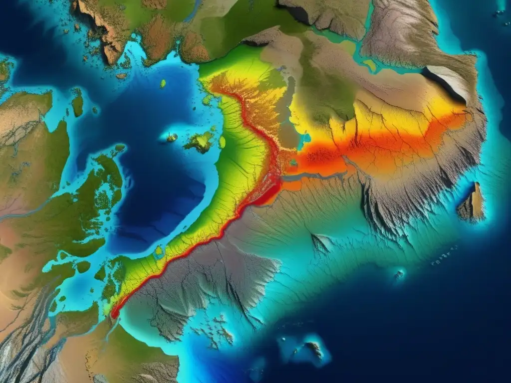 Una imagen de alta resolución muestra los detalles de las fronteras de placas tectónicas en vibrantes colores, evidenciando la Teoría de la deriva continental de Alfred Wegener