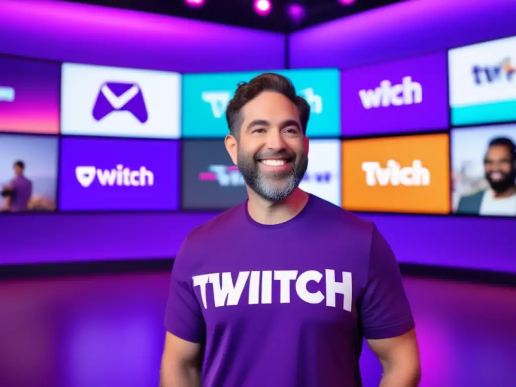 Una imagen de alta resolución muestra a Emmett Shear, CEO de Twitch, frente a una gran pared de video con transmisiones en vivo