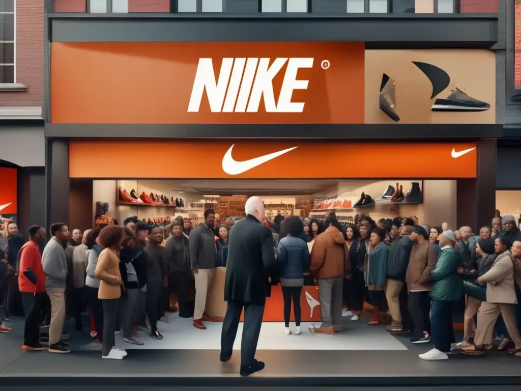 Una imagen de alta resolución muestra a Phil Knight frente a la tienda original de Nike, rodeado de atletas y clientes diversos
