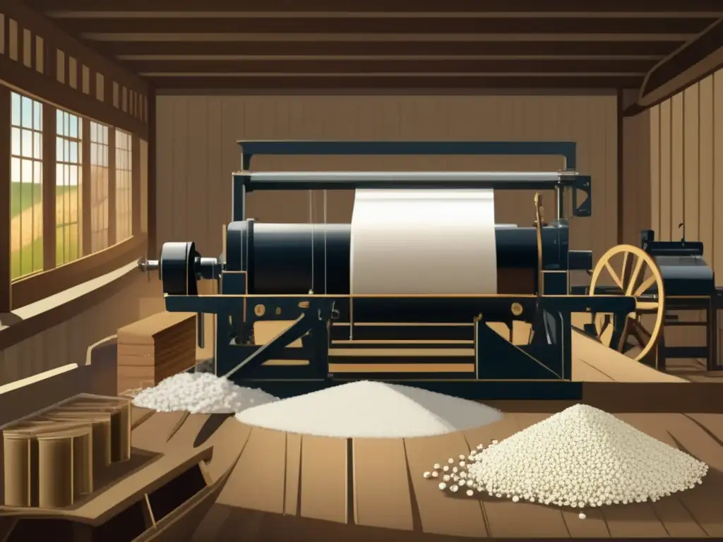 Una imagen de alta resolución muestra la máquina de algodón de Eli Whitney en pleno funcionamiento, destacando su diseño moderno y elegante, y resaltando su papel en la transformación económica de la industria textil