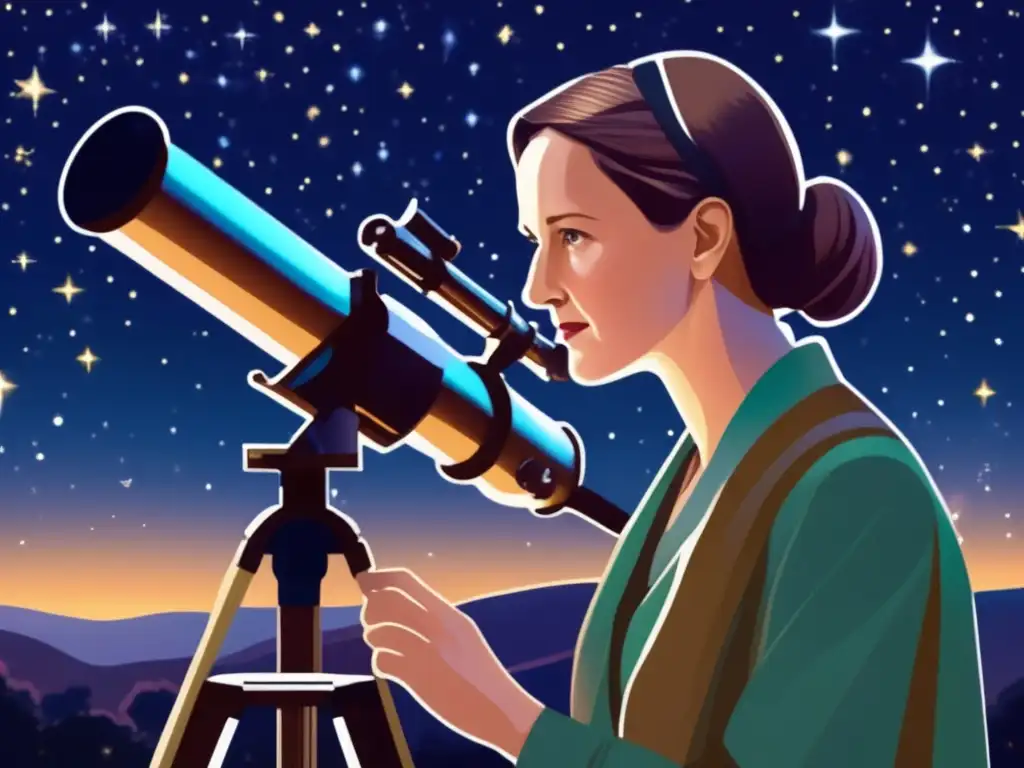 Una imagen de alta resolución muestra a Cecilia Payne trabajando en un telescopio, con el cielo nocturno y las estrellas de fondo