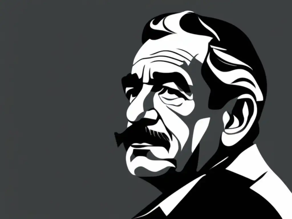 La imagen muestra un retrato en blanco y negro de Gabriel García Márquez, con una expresión reflexiva que transmite sabiduría