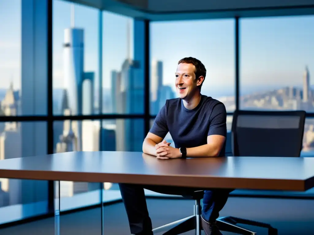 En la imagen, Mark Zuckerberg lidera una reunión estratégica en una oficina moderna con vista a la ciudad
