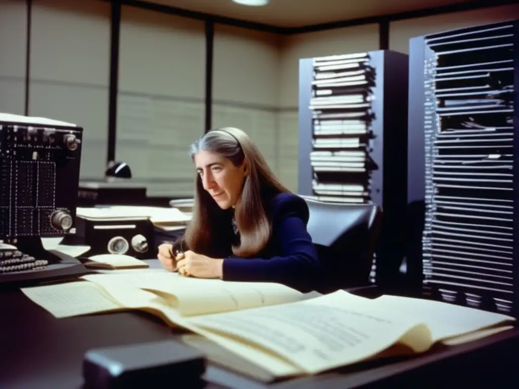 En la imagen, Margaret Hamilton revisa su revolucionario código para la misión Apollo 11 en un laboratorio lleno de papel y monitores, capturando su dedicación y la importancia del código de Margaret Hamilton