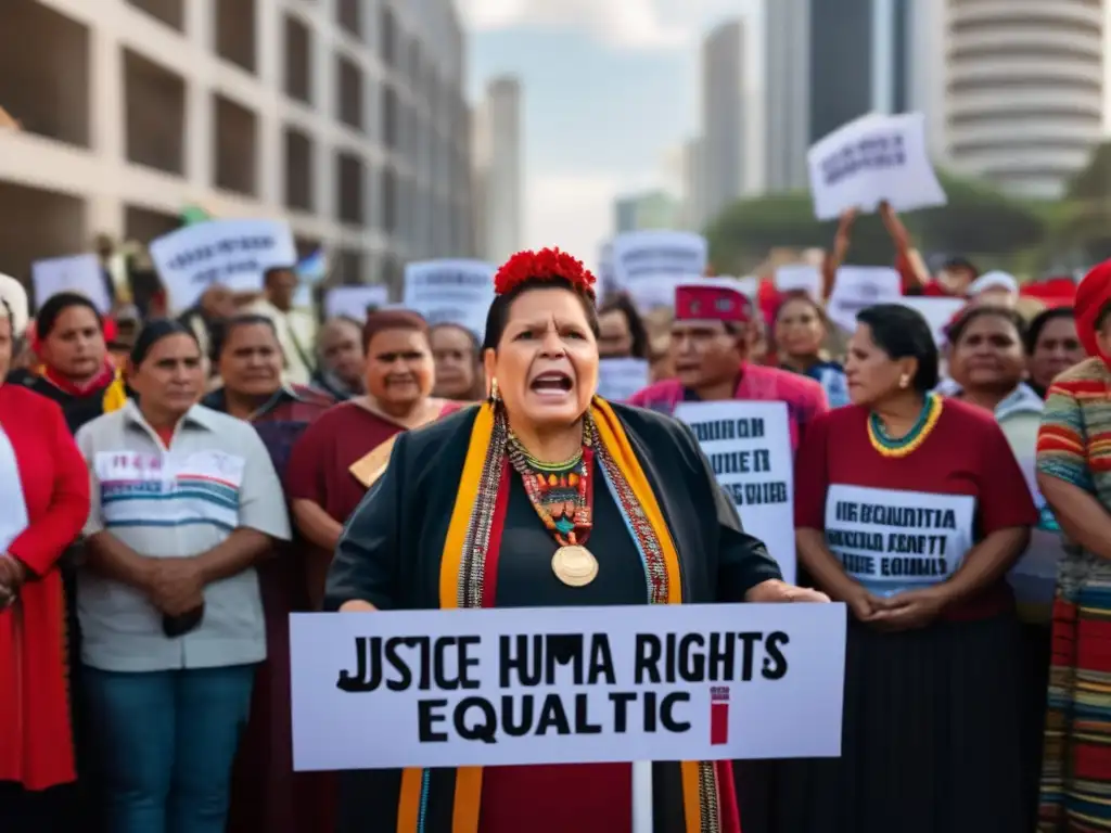 En la imagen, Rigoberta Menchú lidera una manifestación por la justicia, irradiando determinación y esperanza