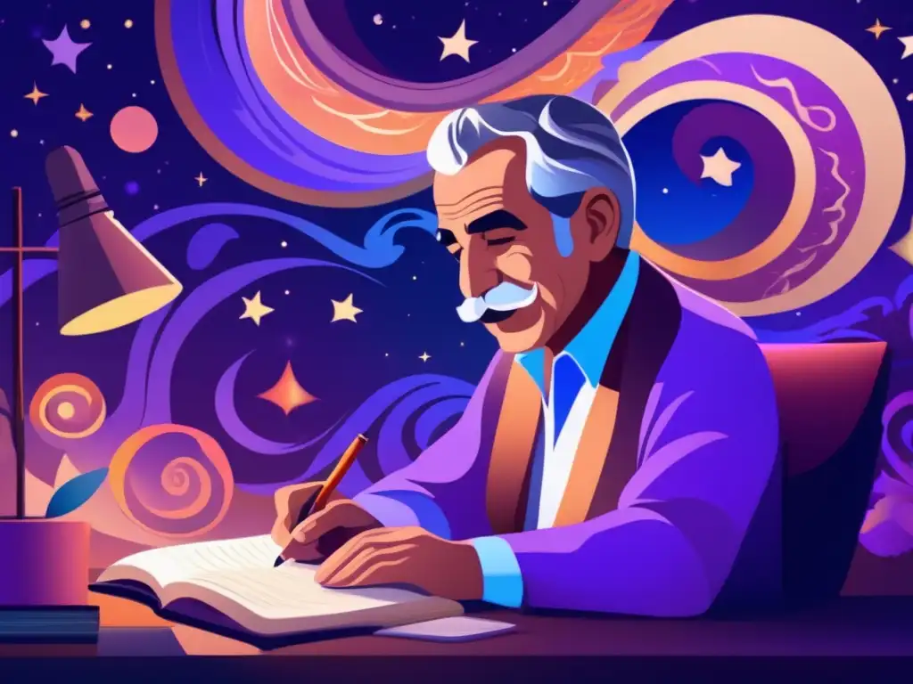 En la imagen se muestra a Gabriel García Márquez rodeado de elementos mágicos y realismo en colores vibrantes