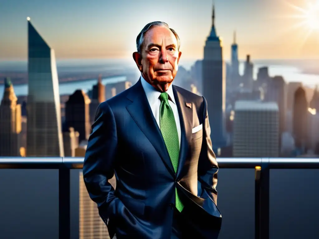 En la imagen, Michael Bloomberg se encuentra en Wall Street, rodeado de imponentes rascacielos y una bulliciosa ciudad