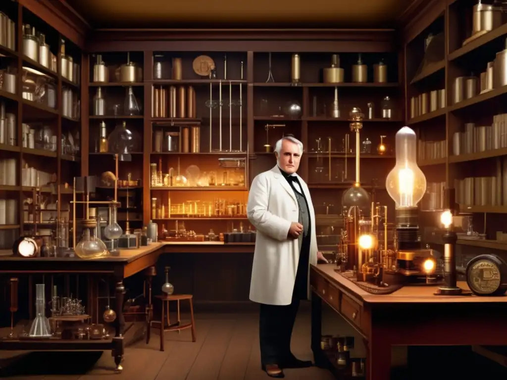 En la imagen, Thomas Edison está rodeado de inventos importantes en su laboratorio, mostrando determinación e innovación
