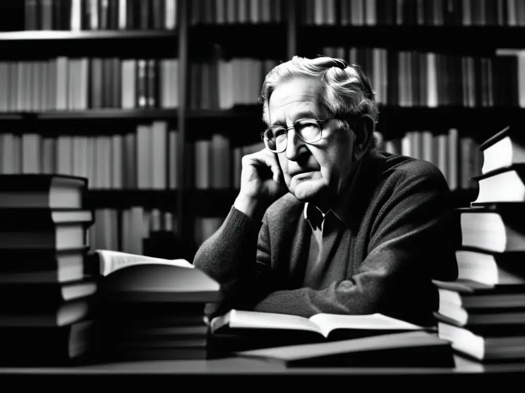 En la imagen, Noam Chomsky reflexiona rodeado de libros, con expresión de concentración