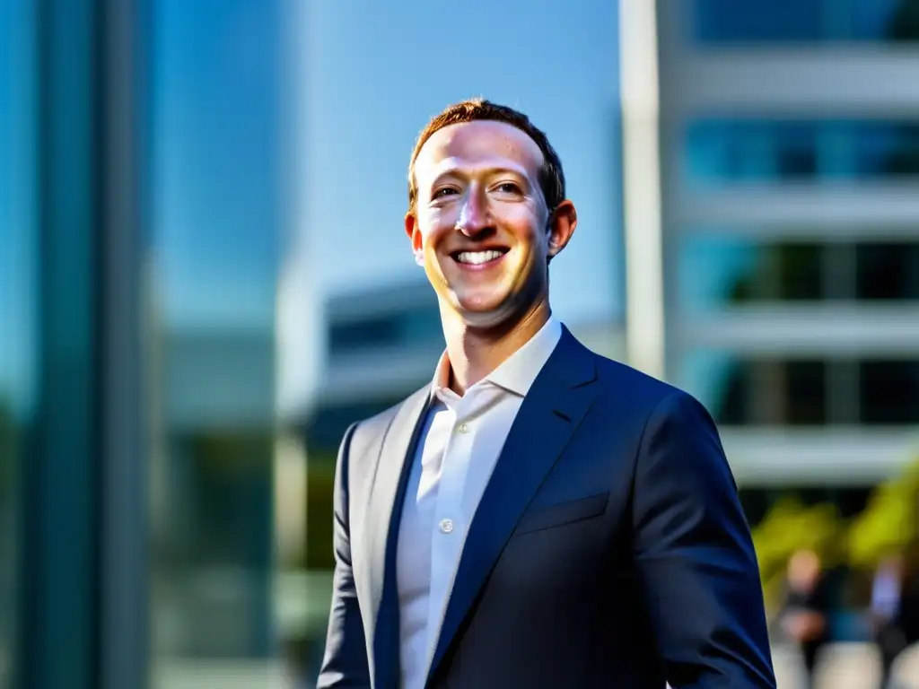 Una imagen de Mark Zuckerberg en Silicon Valley, líder tech, rodeado de profesionales, con un fondo futurista