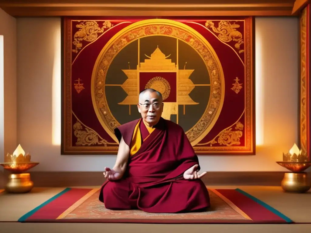 Una imagen en 8k del Dalai Lama meditando, rodeado de tapices azafrán con símbolos dorados