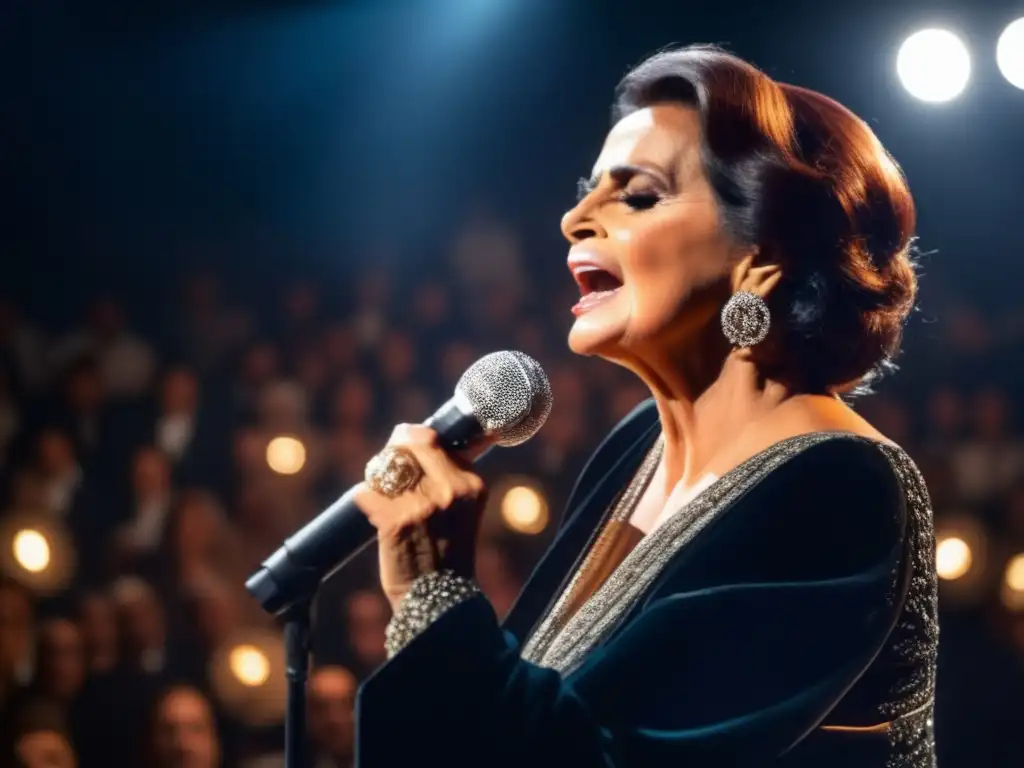 Una imagen de Amalia Rodrigues cantando Fado con pasión, iluminada por un foco, mientras el público la observa, reflejando su icónica presencia en el escenario