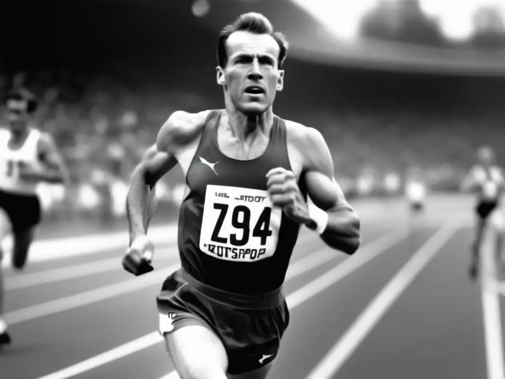 En la imagen, Emil Zátopek corre con determinación, su rostro refleja intensidad