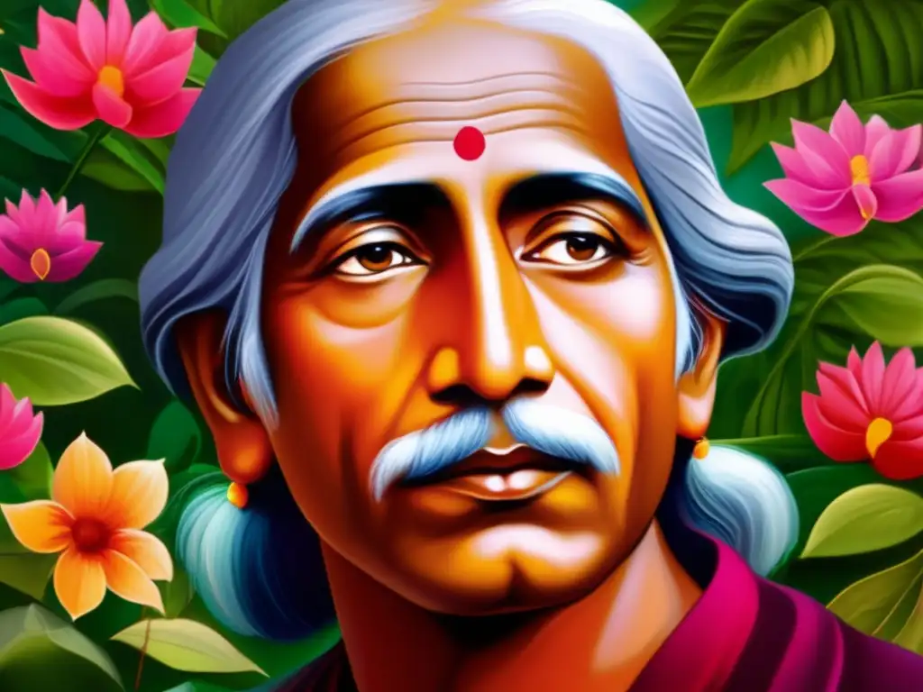 La imagen muestra el rostro sereno y contemplativo de Krishnamurti, con una mirada penetrante y una sonrisa tenue, en un jardín tranquilo y armonioso