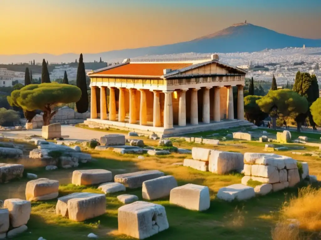 Ruinas de la Agora de Atenas: Legado de Solón y la democracia Una imagen de las ruinas de la antigua Ágora ateniense con el icónico Templo de Hefesto al fondo