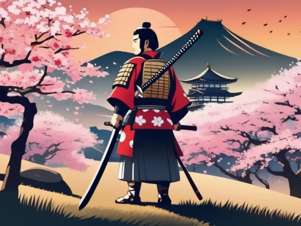En la imagen, Saigō Takamori, un samurái de la Restauración Meiji, se yergue en una colina, rodeado de cerezos en flor