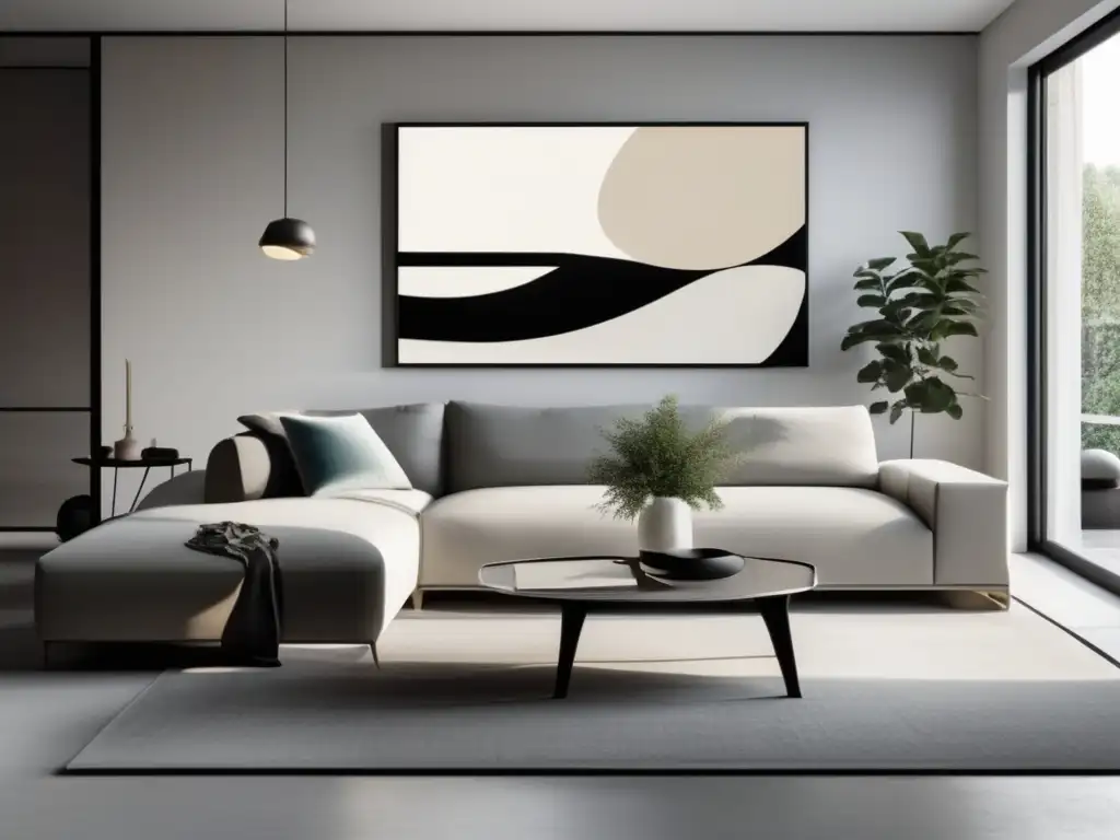 La imagen muestra una sala de estar minimalista y moderna con líneas limpias y colores neutros