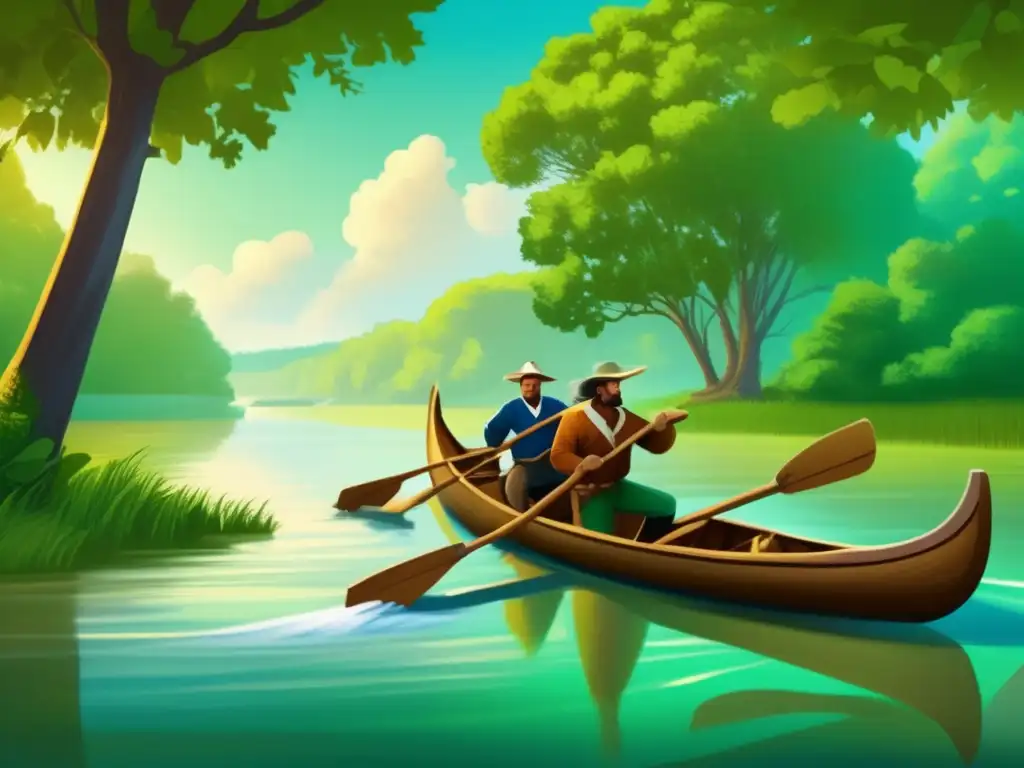 La imagen muestra a La Salle explorando el río Mississippi en canoas de madera