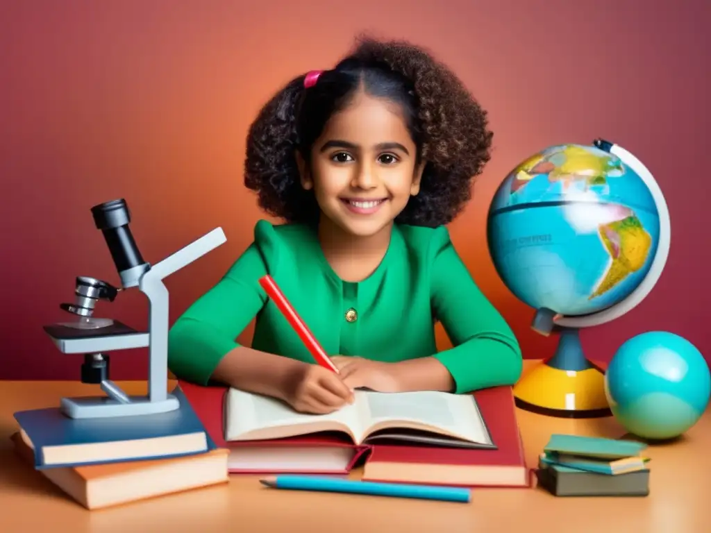 En la imagen, Sameera Moussa como niña, rodeada de libros, un globo terráqueo y un microscopio, refleja su pasión por el aprendizaje y la ciencia
