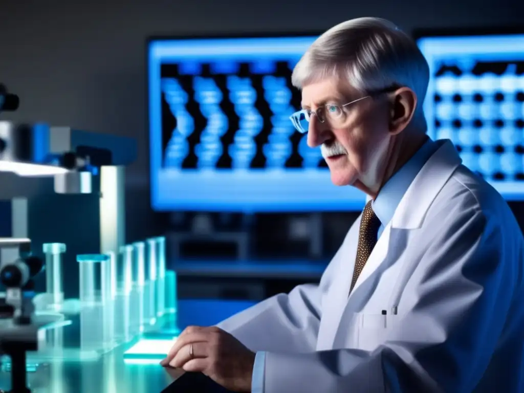 En la imagen, Francis Collins examina una secuencia de ADN en un laboratorio futurista, mostrando su intensa concentración