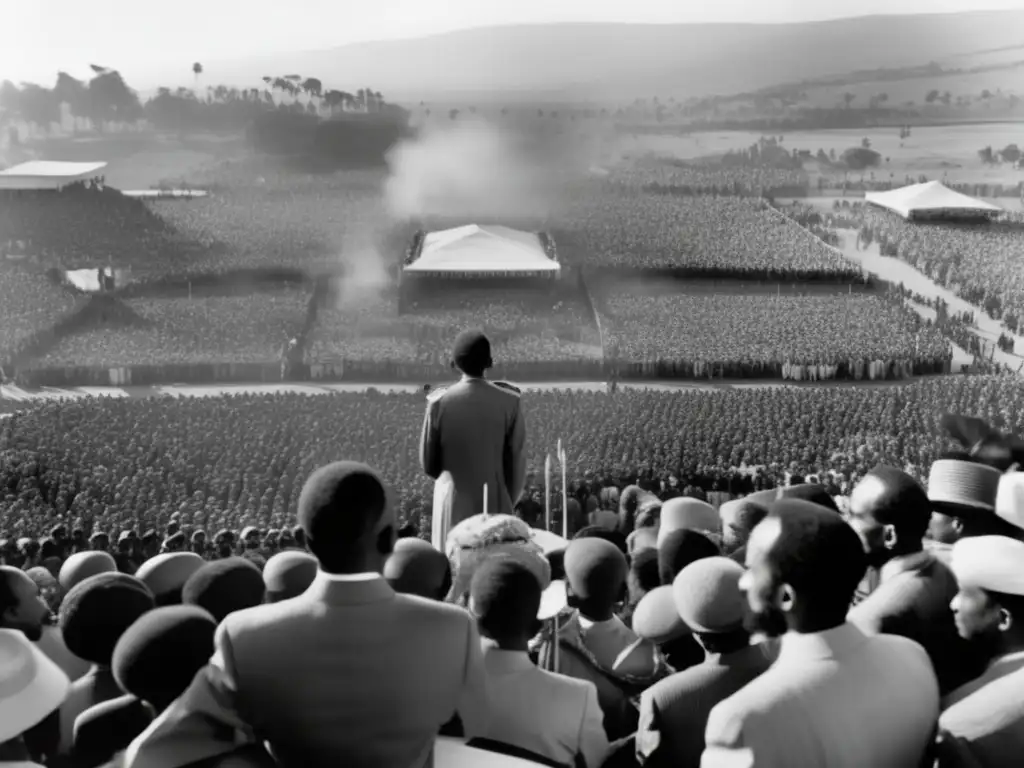 Haile Selassie: líder etíope inspirador - Público cautivado La imagen muestra a Haile Selassie, el Emperador de Etiopía, dirigiéndose a una multitud con solemnidad y dignidad, irradiando fuerza y liderazgo